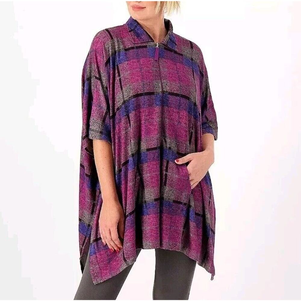 Stan Herman Luxe Knit Purple Plaid Pop-Over pocho Size Large Pocket